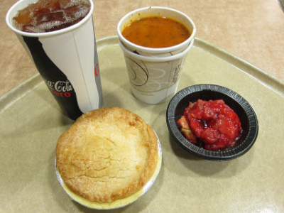 Iced tea, chicken pot pie, minestrone, and cobbler