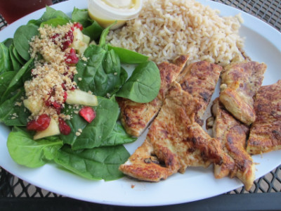 Chicken, salad, and rice