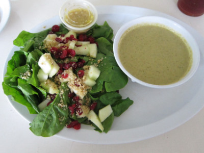 Half soup and half salad combination--apple spinach salad and mushroom soup